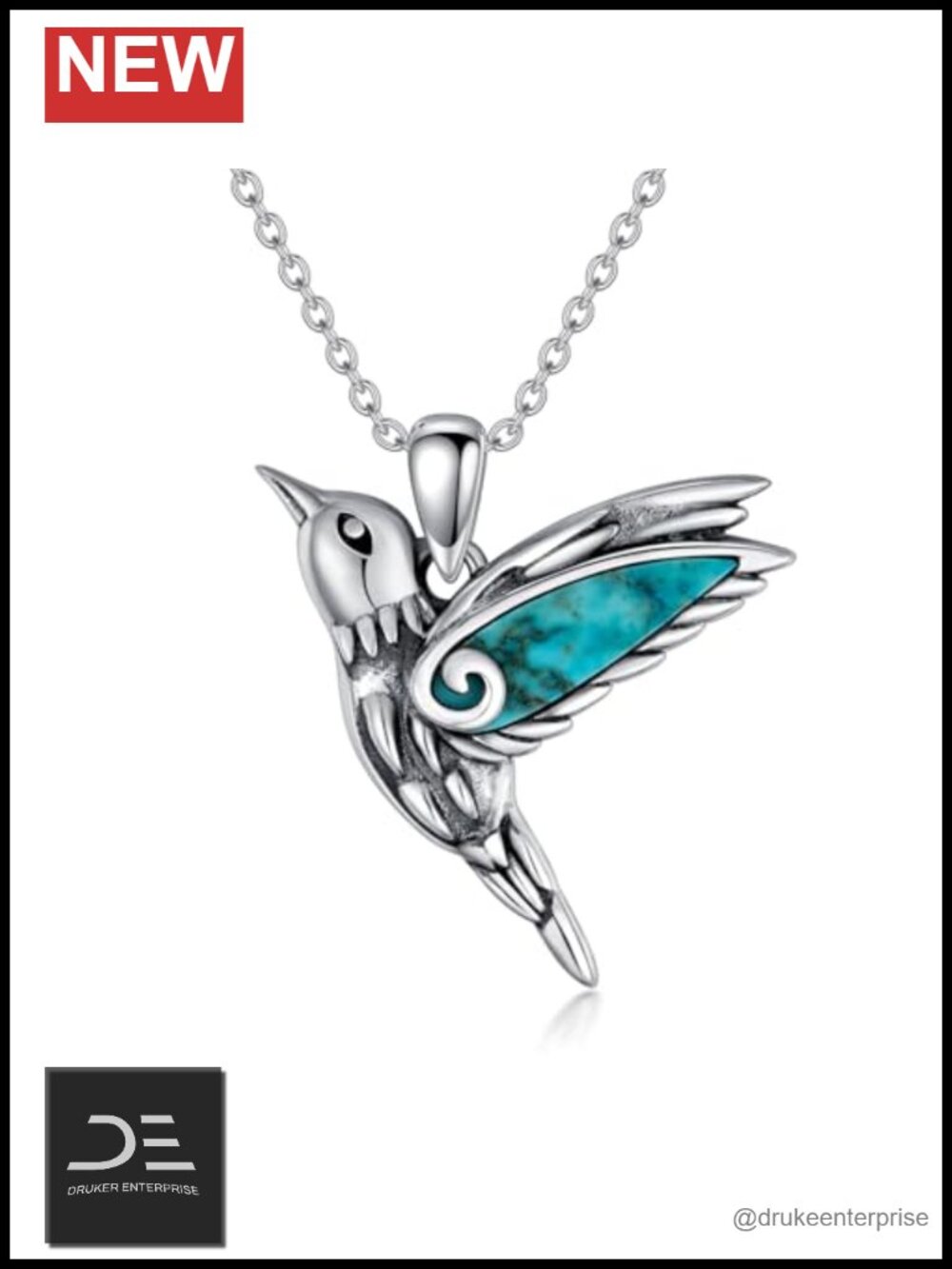 925 Sterling Silver Hummingbird Necklace Natural Turquoise Pendant Gemstone